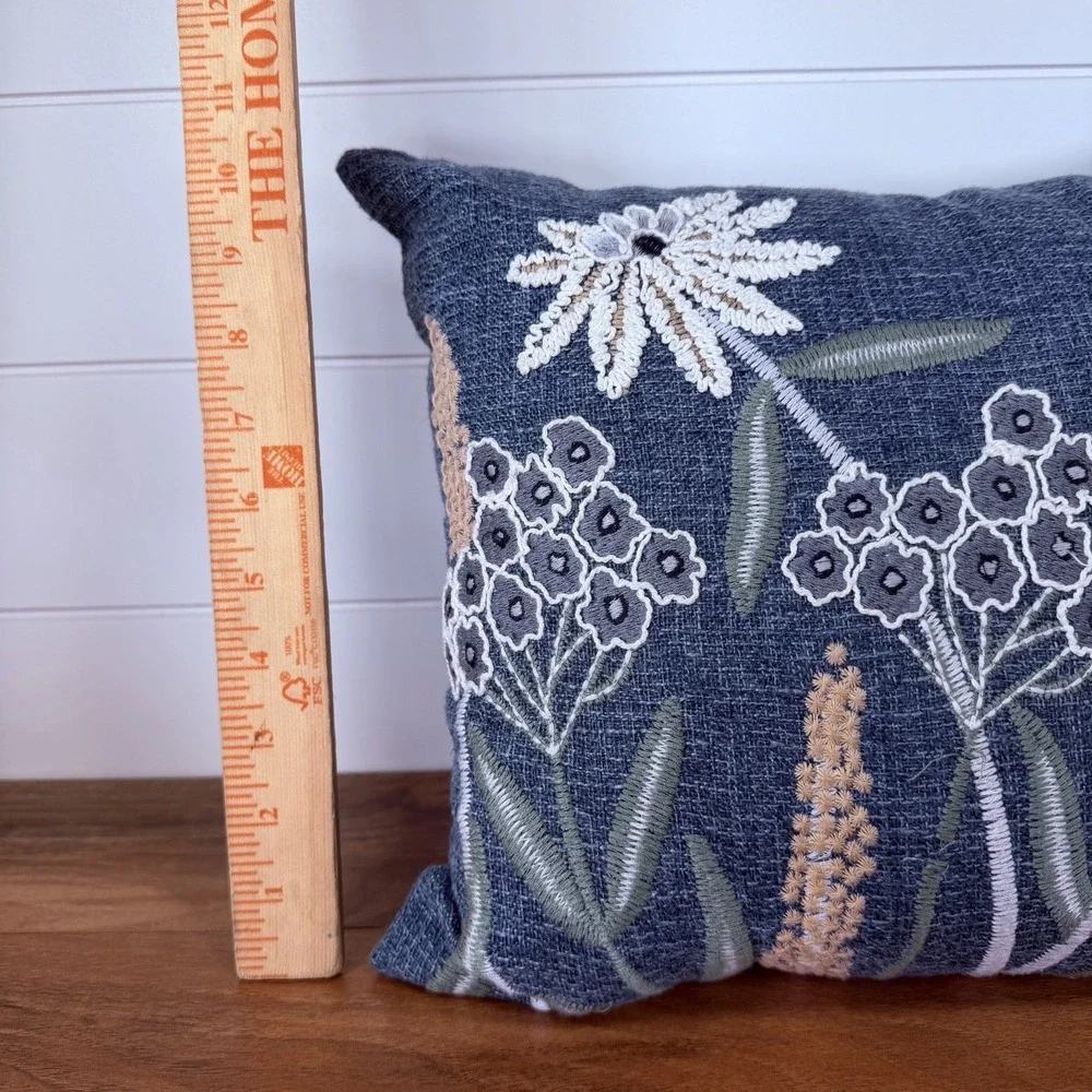 Mainstays Chambray Embroidered Botanical Decorative Pillow Boho Cottagecore